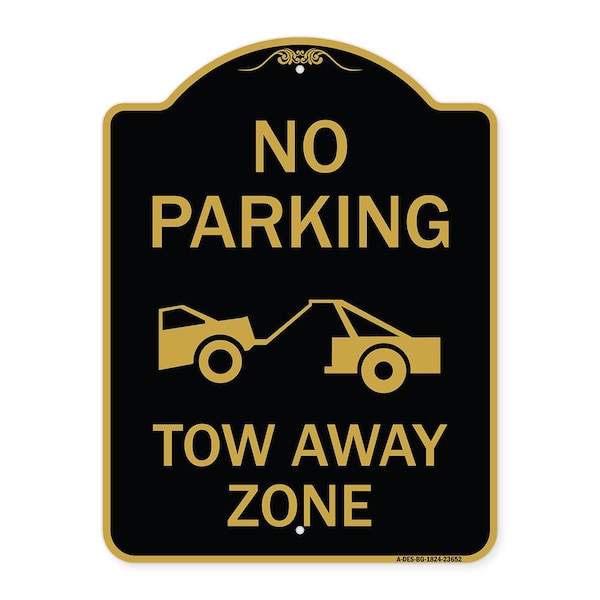 No Parking Tow Away Zone Tow Truck, Black & Gold Aluminum Sign, 18" x 24", BG-1824-23652